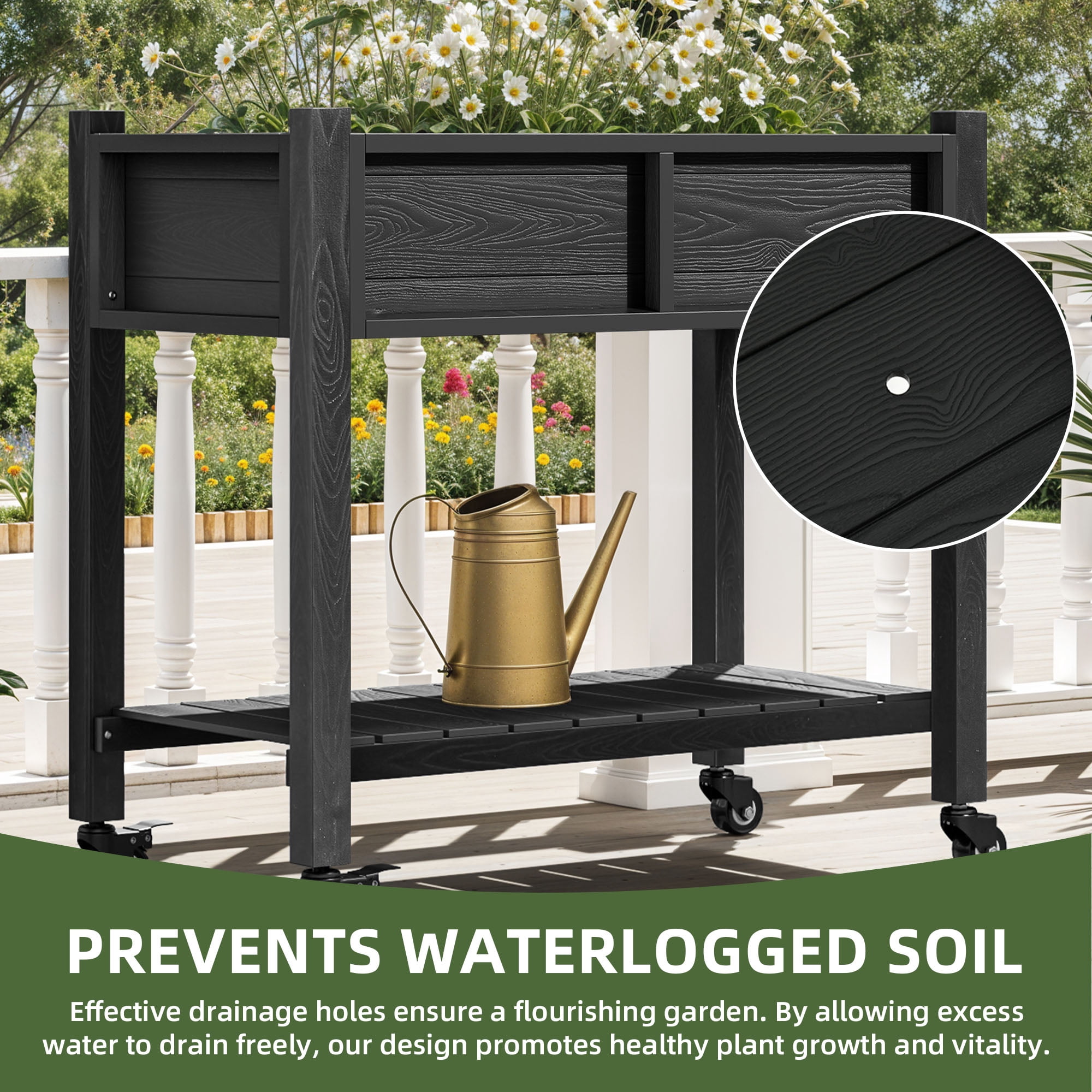 Uforic Elevated Planter Box with Wheels, Weatherproof HIPS Raised Garden Bed with Drainage, Black