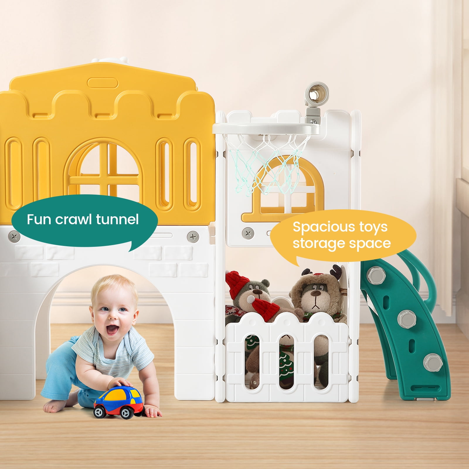 8-in-1 Toddler Playset with Slide & Climber for Ages 1-3, Indoor/Outdoor Playground Includes Basketball Hoop, Tunnel, Telescope & Storage