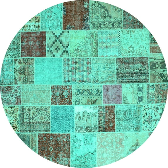 Ahgly Company Machine Washable Indoor Round Patchwork Turquoise Blue Transitional Area Rugs, 6' Round
