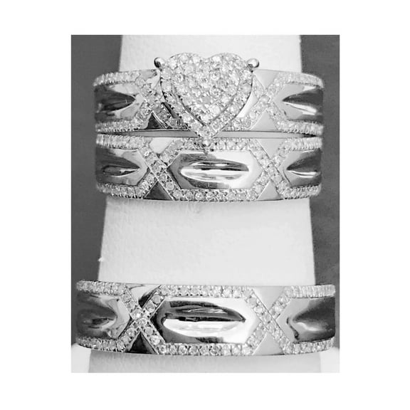 HIS/HER Trio Couple Ring Set For Wedding 925 Sterling Silver White Round Diamond Size 9