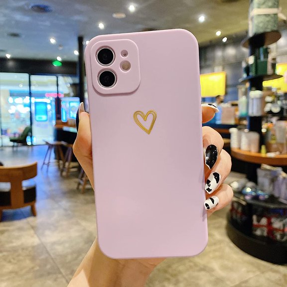 Compatible with iPhone 13 Cute Case Soft Liquid Silicone Gel Rubber Cute Love Gold Heart Pattern for Women Girls Ultra Slim Shockproof Protective Phone Cover Case, 6.1 Inch, Purple