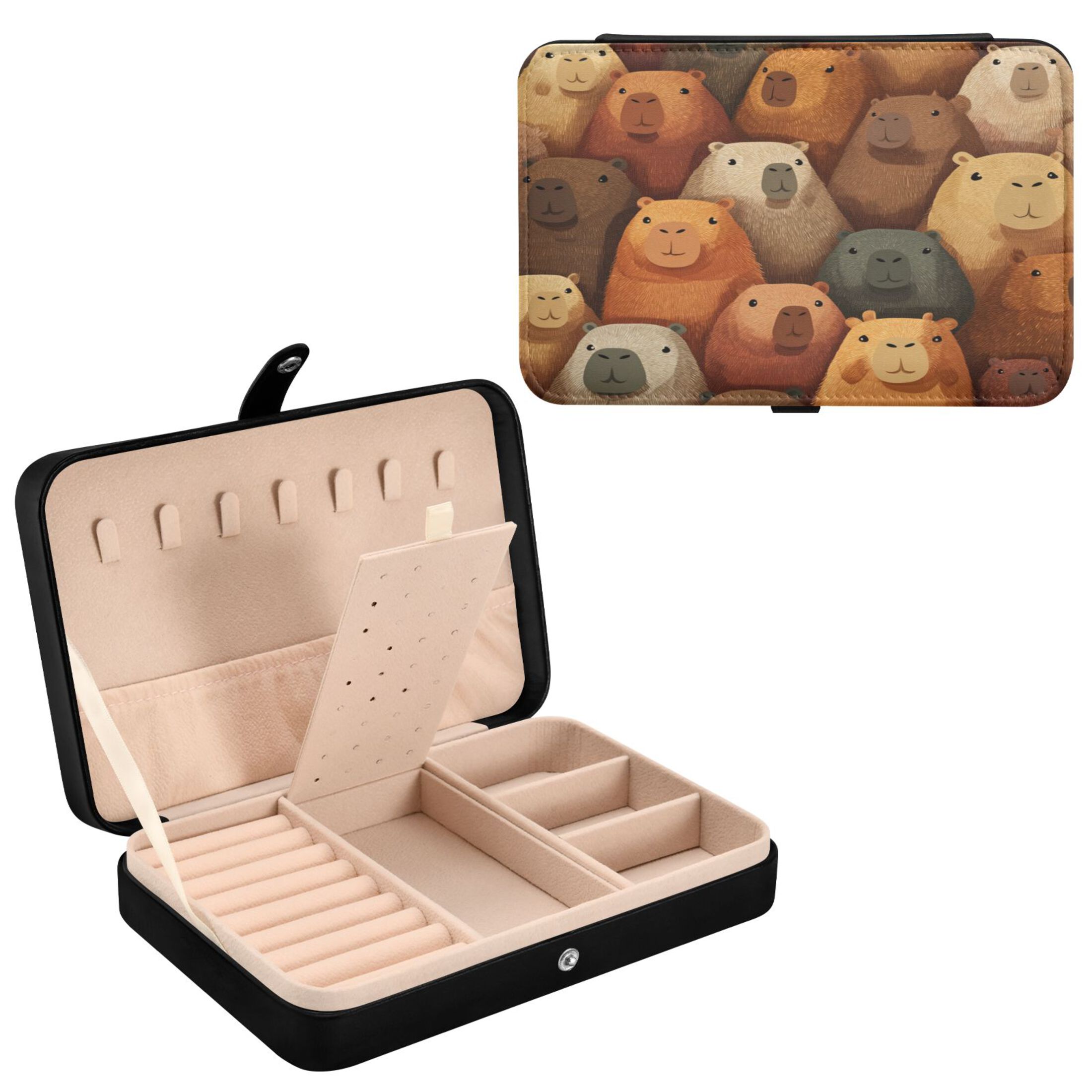 Leather Jewelry Box Rectangular 8.27x5.5x1.78In Travel Jewelry Storage Earrings Necklace Bracelet Watch Brooch Storage Capibara Seamless
