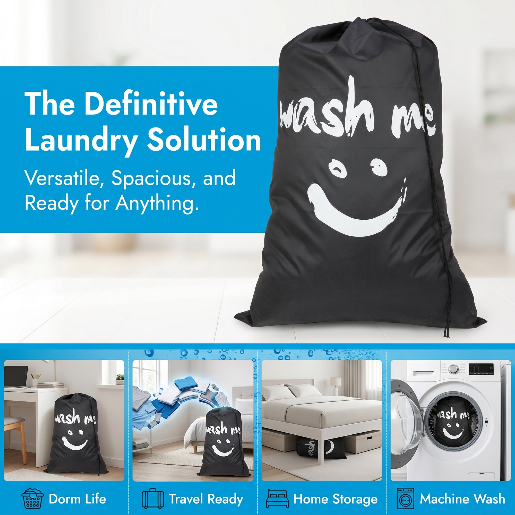 Unique Bargains 2Pcs Waterproof Wet Dry Travel Laundry Bag Black 24" x 36.2"