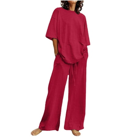 Ecqkame Women s Summer Cotton Linen T-shirt Set Clearance Summer Suit Fashion Short Sleeve Solid Color Trousers Casual Two-Piece Suit Red XXXXXL