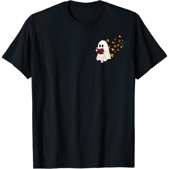 Cute Little Ghost Reading Book Under Fall Leaves Women Men T-Shirt BLACK Unisex S-5XL Hot Trending Shirt, Vintage Birthday Gift