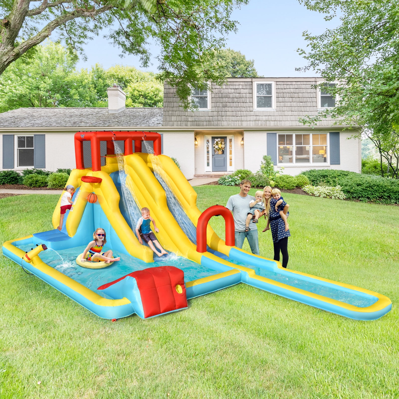 Infans 7 in 1 Inflatable Dual Slide Water Park Climbing Bouncer with 950W Blower