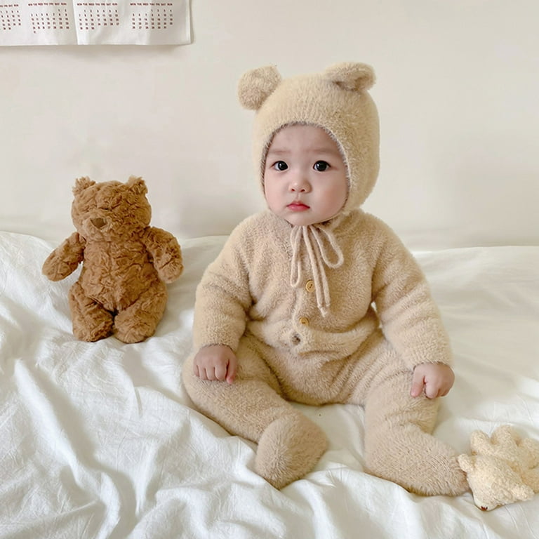 WREESH Toddler Baby Girl Boy One Pieces Jumpsuits Faux Furry Hooded Romper Cute Bear Onesie Costumes Soft Warm Pajamas Brown Walmart