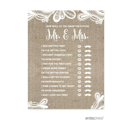 How Well Do You Know The Future Mr./Mrs.? Burlap Lace Wedding Bridal Shower Game Cards, 20-Pack