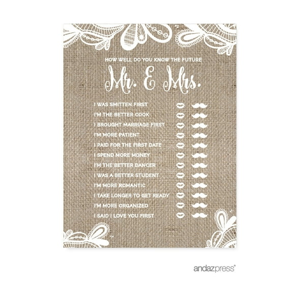How Well Do You Know The Future Mr./Mrs.?  Burlap Lace Wedding Bridal Shower Game Cards, 20-Pack
