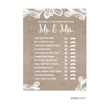 How Well Do You Know The Future Mr./Mrs.? Burlap Lace Wedding Bridal Shower Game Cards  20-Pack price history on PriceWatchPro