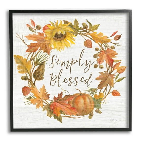Stupell Industries Simply Blessed Autumn Wreath Graphic Art Black Framed Art Print Wall Art, Design by Silvia Vassileva