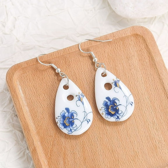 Blue White Porcelain Teardrop Earrings Butterfly Floral Design Ethnic Style Hook Jewelry for Women Gift