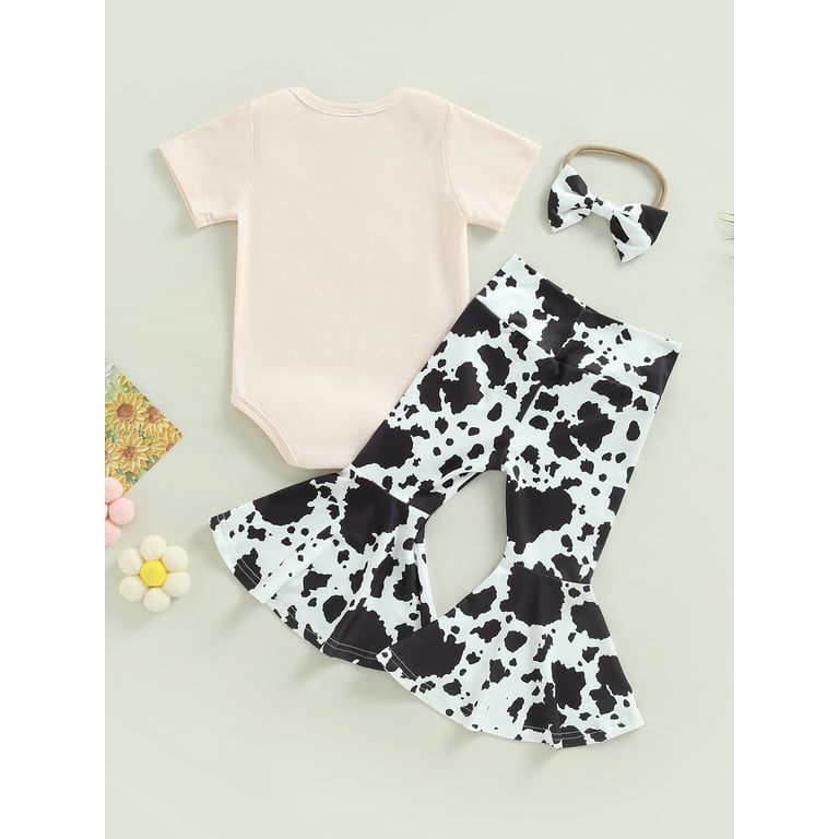 Western Baby Girl Clothes Cute Letter Print Romper Jumpsuit and Cow Print  Bell Bottom Pants Boho Chic Outfits 