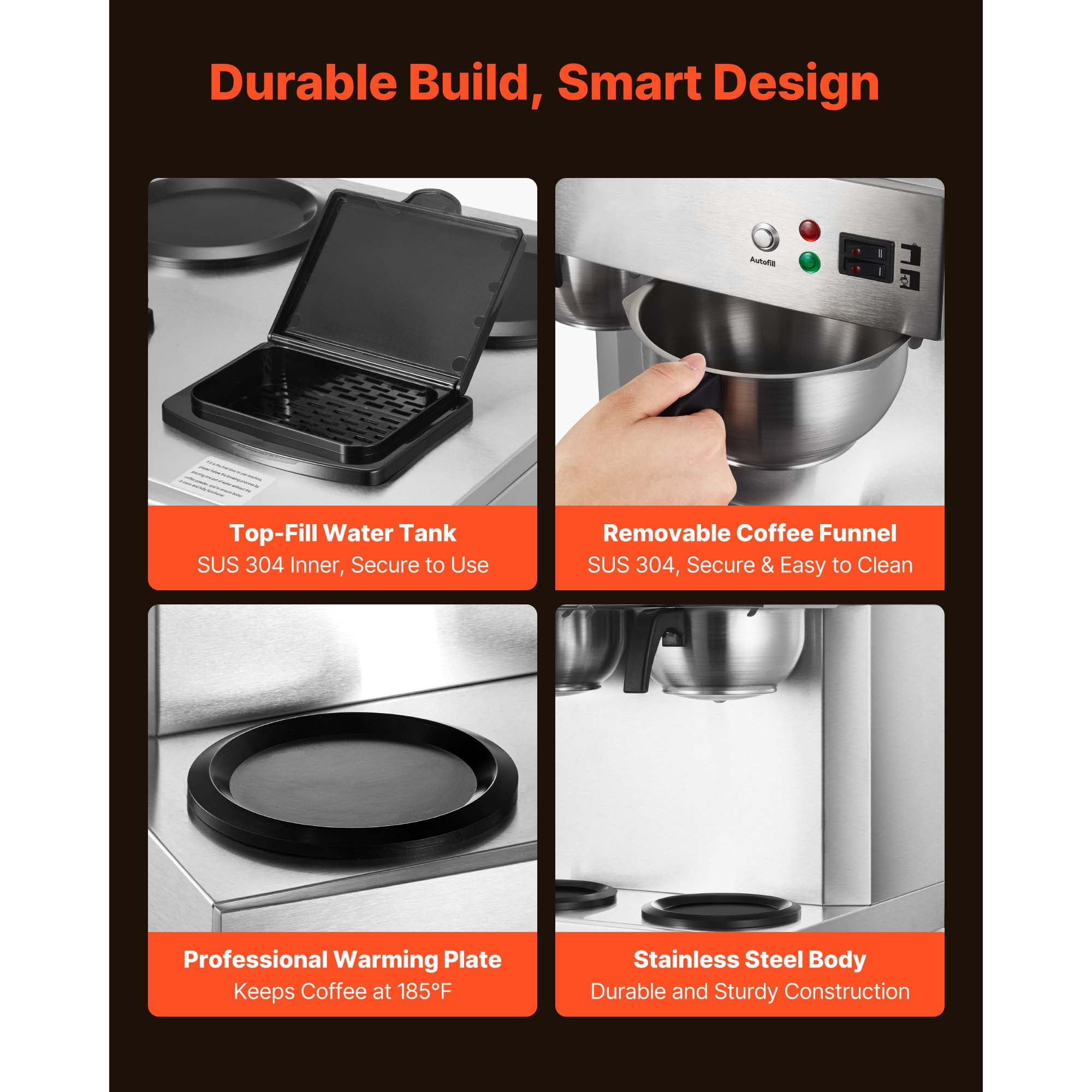 KFFKFF Commercial Drip Coffee Maker, 24-Cup Machine with 4 Glass Carafes and 4 Warming Plates, Stainless Steel Dual-Head Brewer for Restaurants, Offices, Cafes, and Homes