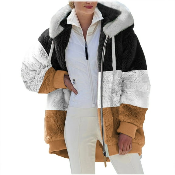 Kixjoy Women's Winter Jacket Coat Long Sleeve Warm Fall Puffer Jackets Fleece Zip Up Oversized Coats Fashion Loose Fit Hooded Jackets with Pockets, Brown 3XL