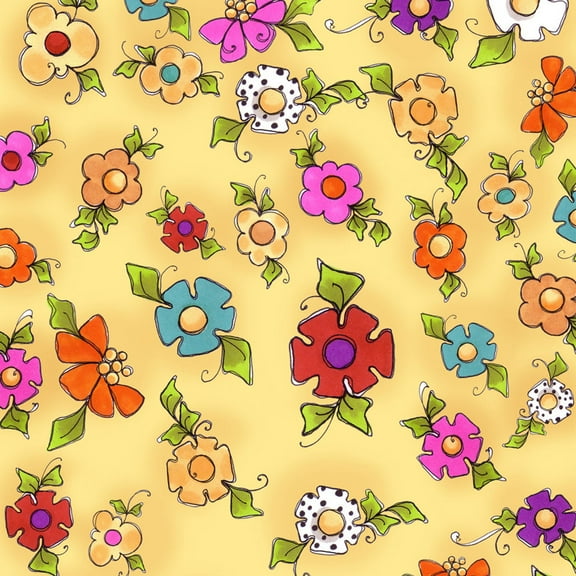 Cotton Flowers Floral Garden Spring Happy Blooms Yellow Cotton Fabric Print by the Yard (691-903-B)