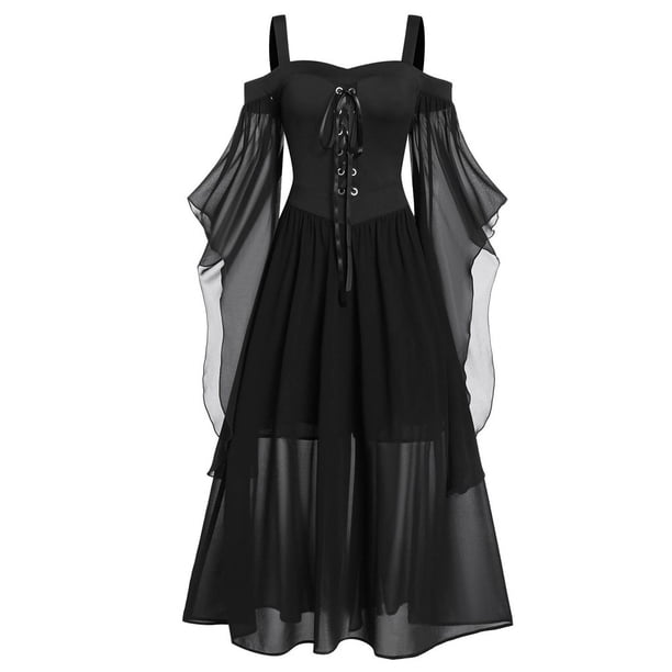 Gibobby Vestido invierno mujer Encaje Halloween Womne hombro más vestido manga tamaño frío hasta vestido de mujer(Negro, XXXL)