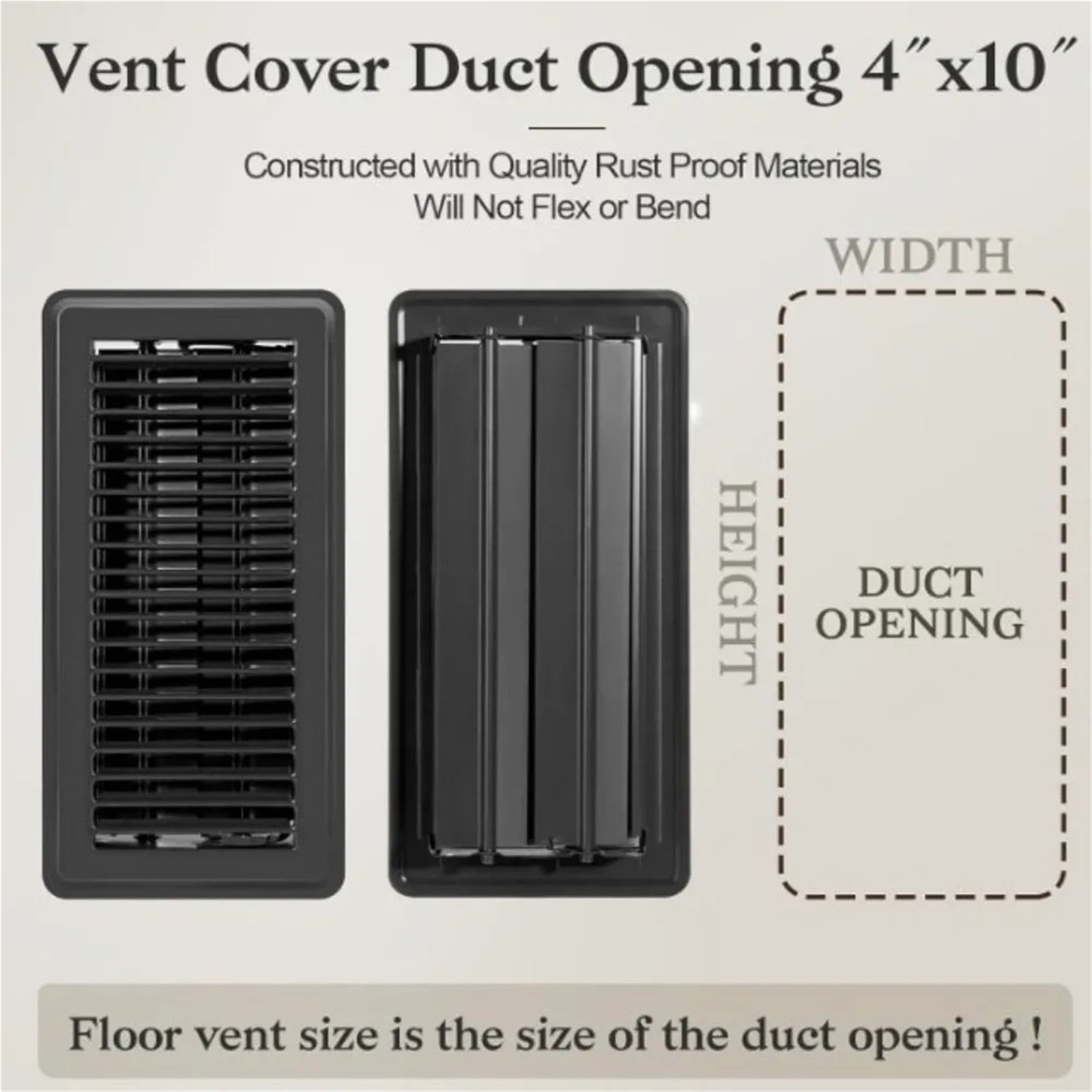 4-Pack Metal Floor Register Covers 4x10 Inch, High-Efficiency Vent Grille, Anti-Blocking Air Flow for Central AC, Black/White/Brown