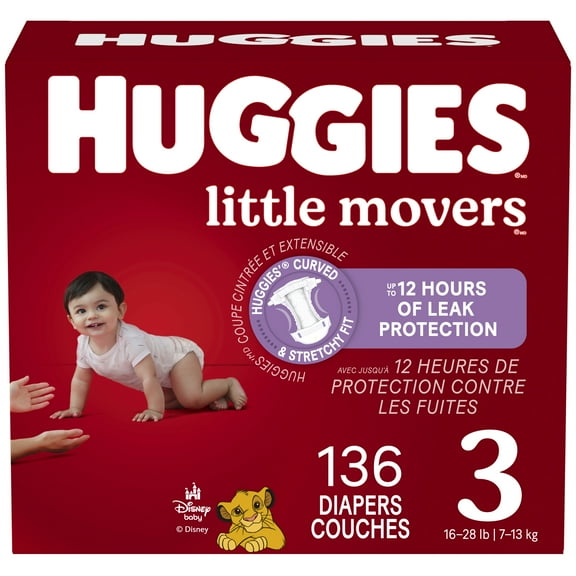 Couches pour bébés Huggies Little Movers, taille 3 (16 à 28 livres), 136 couches