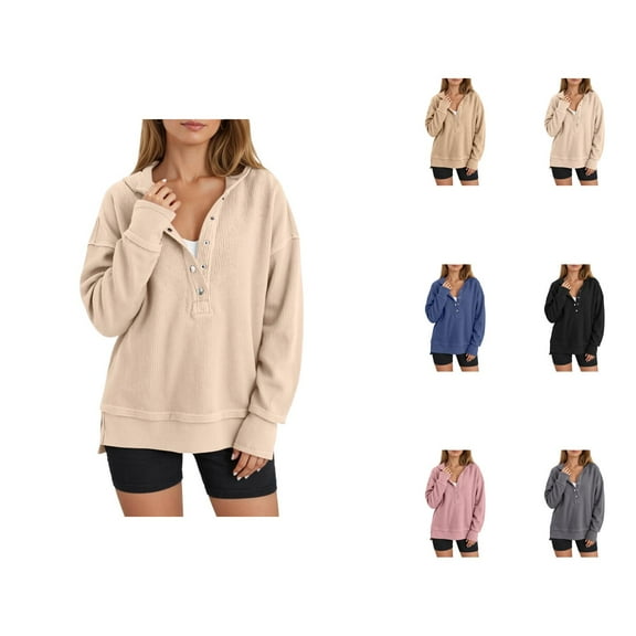 Ribbed Hoodies for Women Fall Winter Long Sleeve Button Side Slit Plain Hooded Sweatshirt Pullover Tops