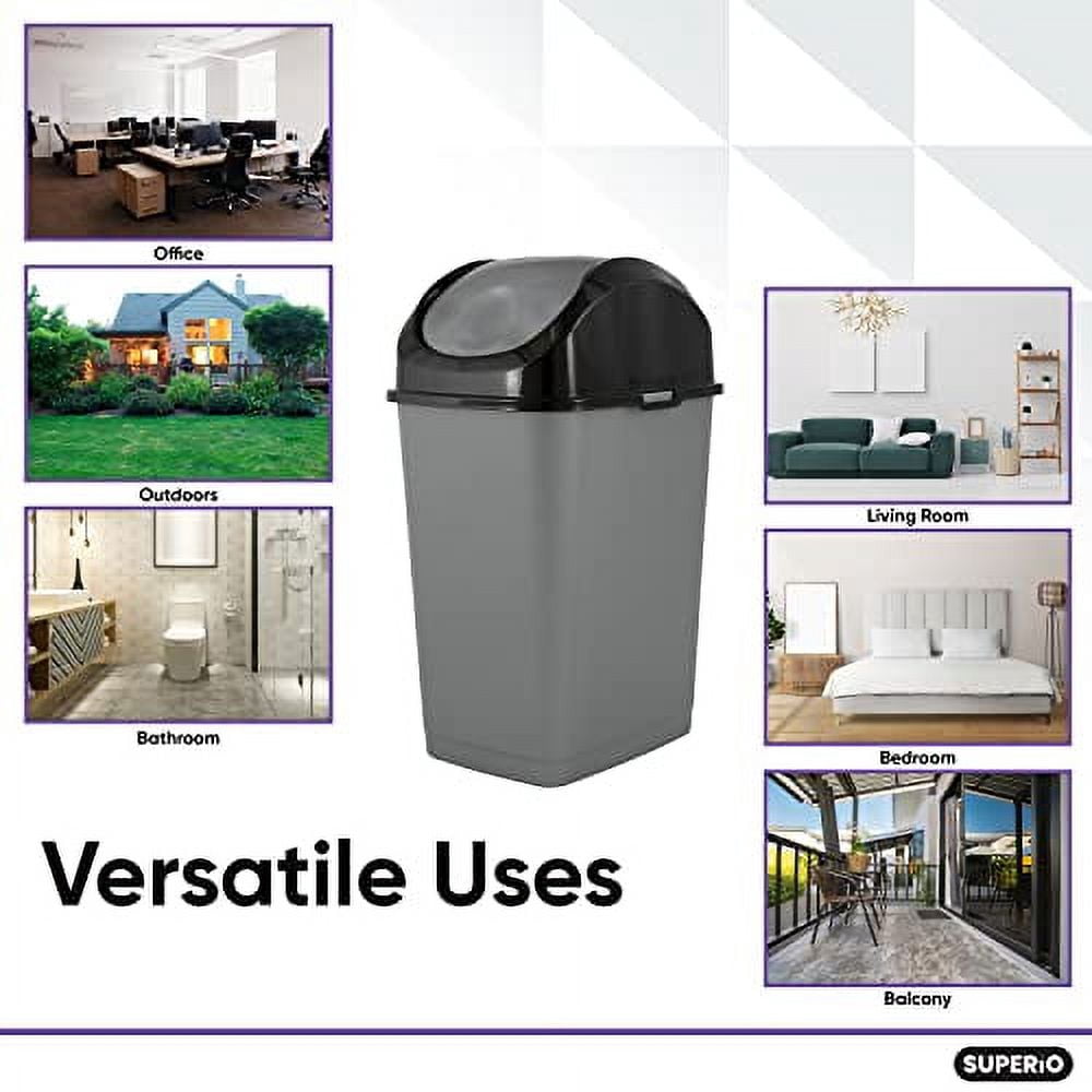 Superio Trash Can for Dorm Room with Lid 4.5 Gallon Plastic Garbage Can with Swing Top Lid, Medium Slim Waste Bin with Cover for Home, Kitchen, Office, Bedroom, Bathroom, College- 18 Qt (Grey/Black 2)