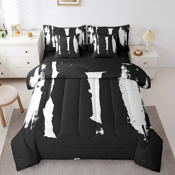 Erosebridal Black White Aesthetic Bed in a Bag Twin Size, Watercolor Art Bed Set, Abstract Modern Bed Sheets Setp with Comforter, Ultra Soft Bedroom Decoration, Reversible 7 Pieces