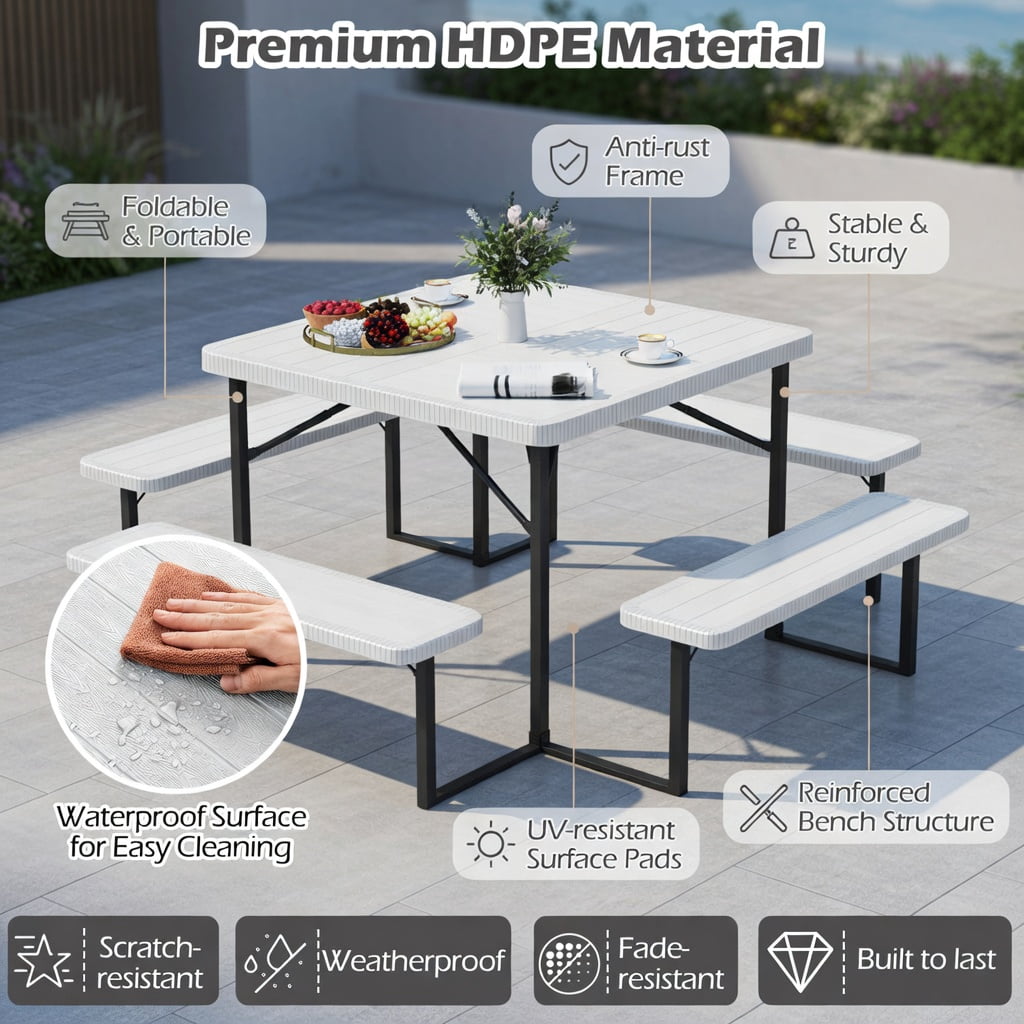 Hommoo Outdoor Square HDPE Picnic Table & Bench Set for 4–8 People, Includes Umbrella Hole & Weather-Resistant Metal Frame, White