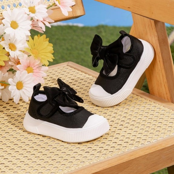 LIIPEE Girls Boys Athletic Sneakers Closed Toe Non- Canvas Shoes Bowknot Hook And Loop Strap Sport Shoes Toddler Casual Vacation Athletic Sneaker,Black,12-15 Months