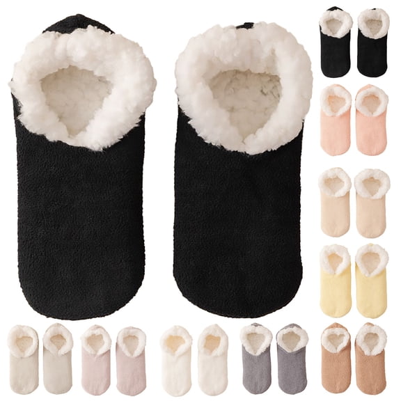 siminsem Thick Warm Slipper Socks for Women Non Slip Gripper Socks Fleece Lined Fluffy Plush House Socks Soft Cozy Winter Bed Socks with Anti Skid Soles for Couples Home Indoor, Black,One Size
