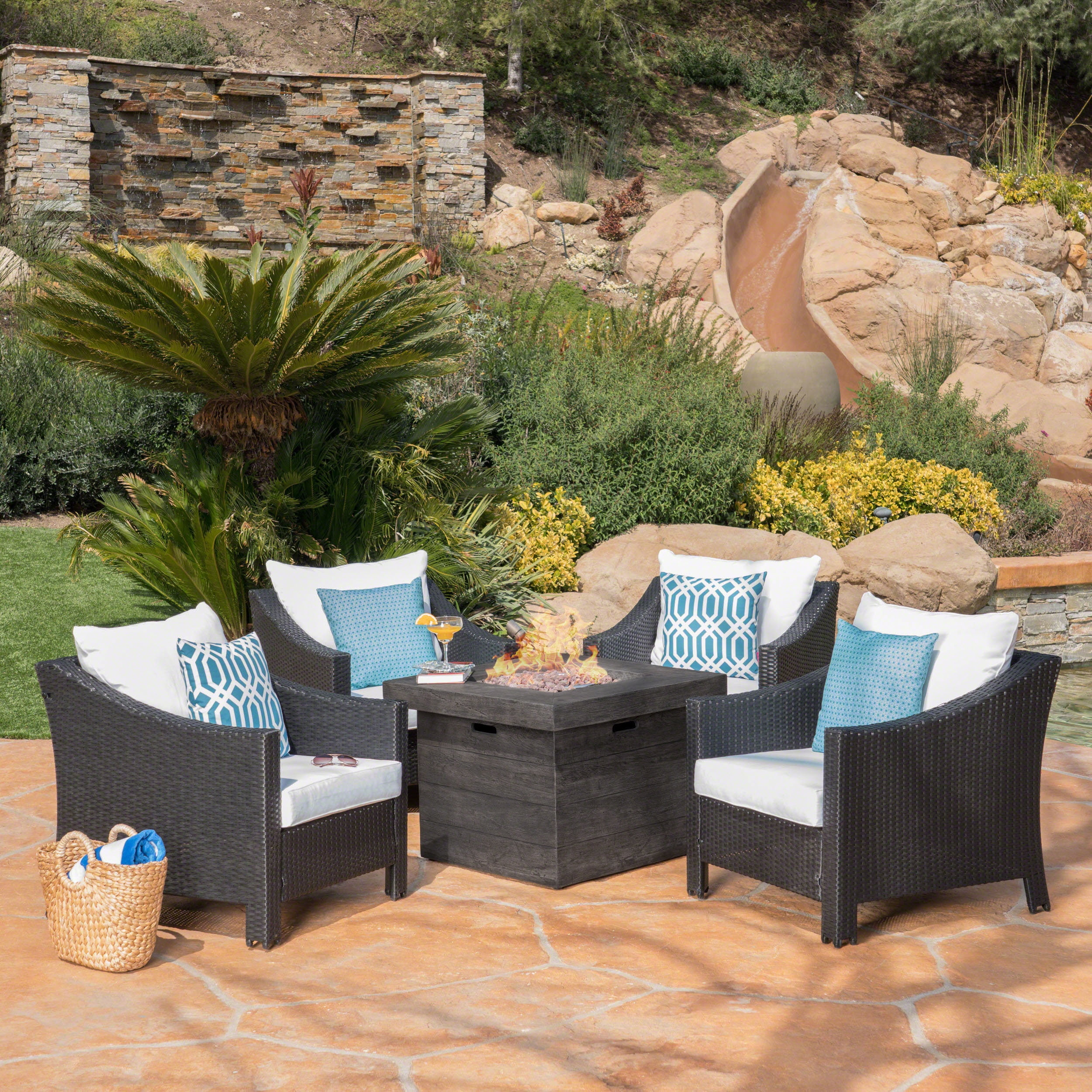 Gregory Outdoor 5 Piece Wicker Club Chairs Fire Pit Chat Set, Black, Grey, White Cushion