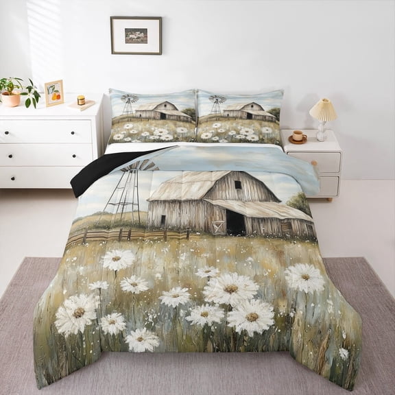 Erosebridal Oil Painting Daisy Bedding Twin Comforter Set,Vintage Windmill Down Comforter,Rustic Country Farmhouse Bedding Sets Twin with Comforter, Breathable Bedroom Decorative Reversible，2 Pieces