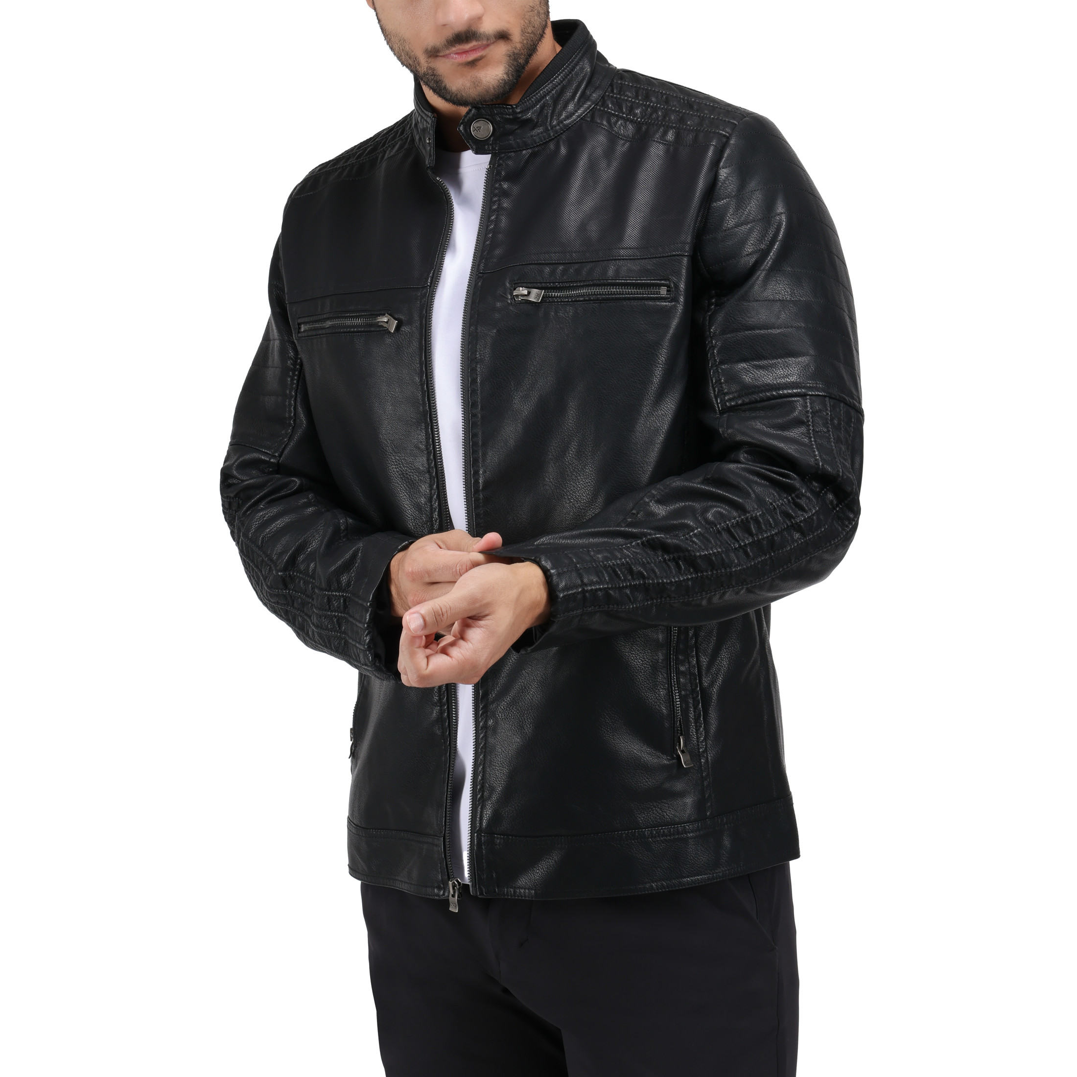 X RAY Jeans Mens Grainy PU Leather Moto Jacket, Black, XL