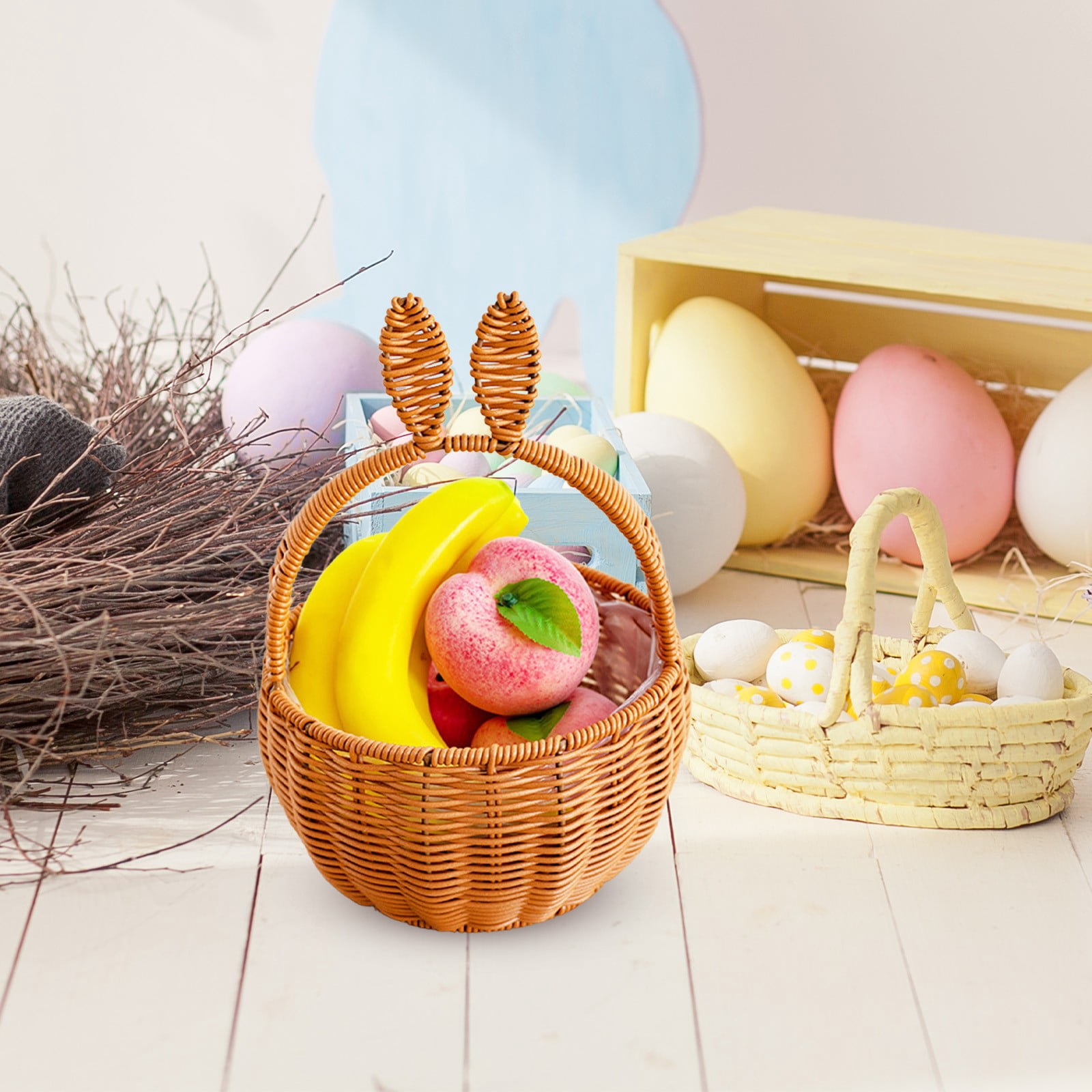 Woven Easter Basket with Handle, Bunny Easter Baskets, Easter Egg Hunt Carrier Baskets, Easter Woven Picnic Basket with Cute Rabbit Ears, Small Gift Wicker Wicker Storage Basket, Party Supplies