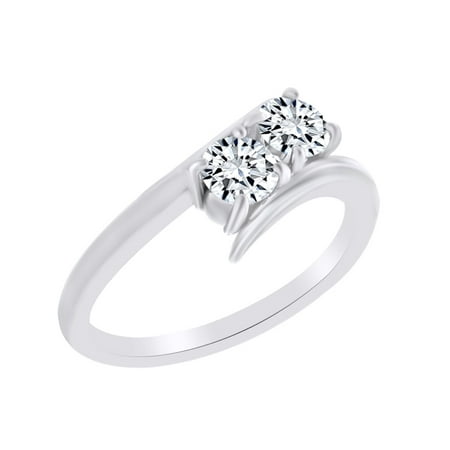 Two Stone Bypass Ring Round Shape White Cubic Zirconia Two Stone Bypass Engagement Ring In 10k Solid White Gold Ring Size-4 ()