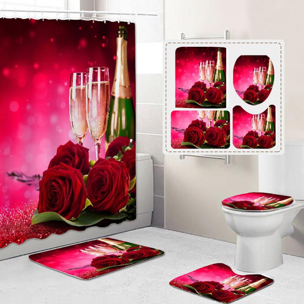 Bathroom Decor Valentine's Day Rose Floral Shower Curtain Set Hooks 72" 