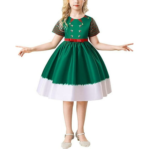 Girls Christmas Costume Holiday Dress Santa Claus Elf Printed Xmas Eve Party Outfits