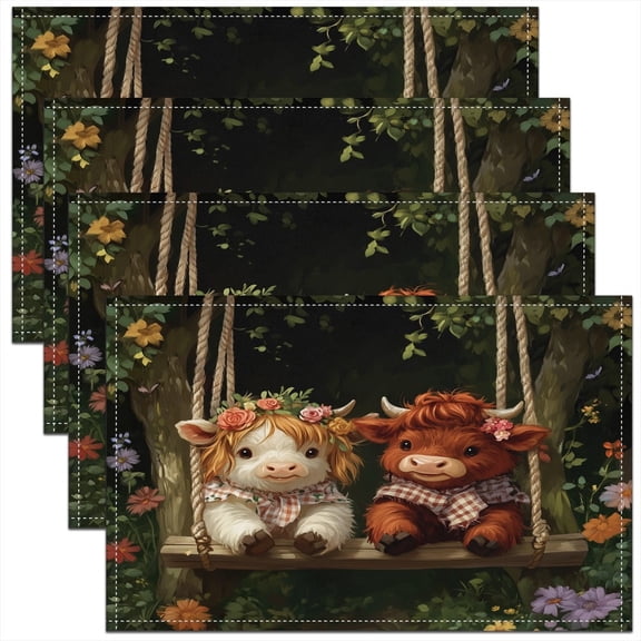Erosebridal Rustic Cow Placemats Set of 4,12x18 inch Cowboy Cowgirl Place Mats,Cartoon Highland Cow Table Mats,Western Floral Animal Meal Mats for Dining Table
