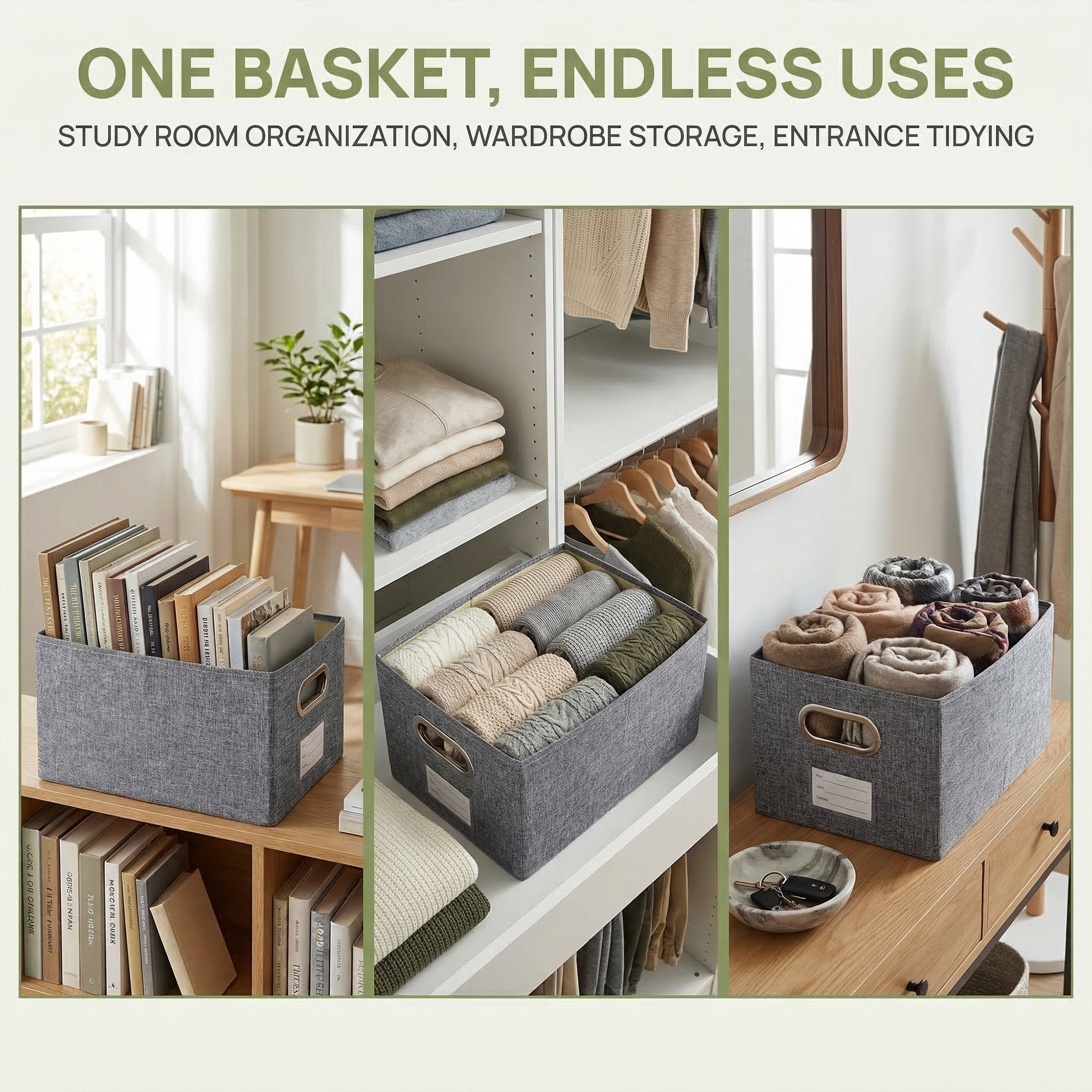 Unique Bargains Storage Bin with Handles for Shelves Closet Gray 9.8" x 15" x 8.3"