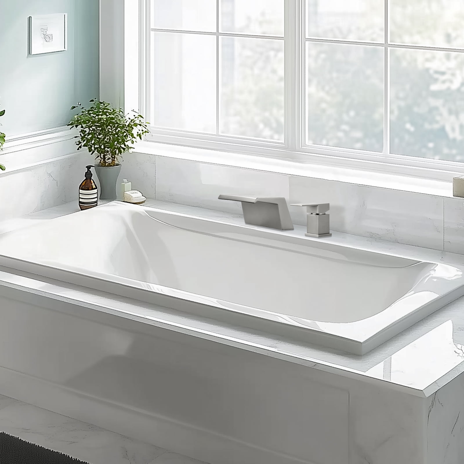 Cobbe Single Handle 2-Hole Mount Bathroom Sink Faucet with Wide Waterfall Spout Brushed Nickel