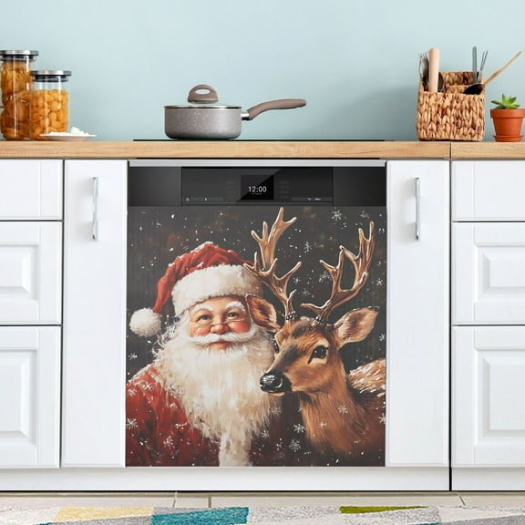 Dishwasher Magnet Cover Magnetic Fridge Door Cover Home Kitchen Decor Christmas Santa Claus and Deer 23"x 26"