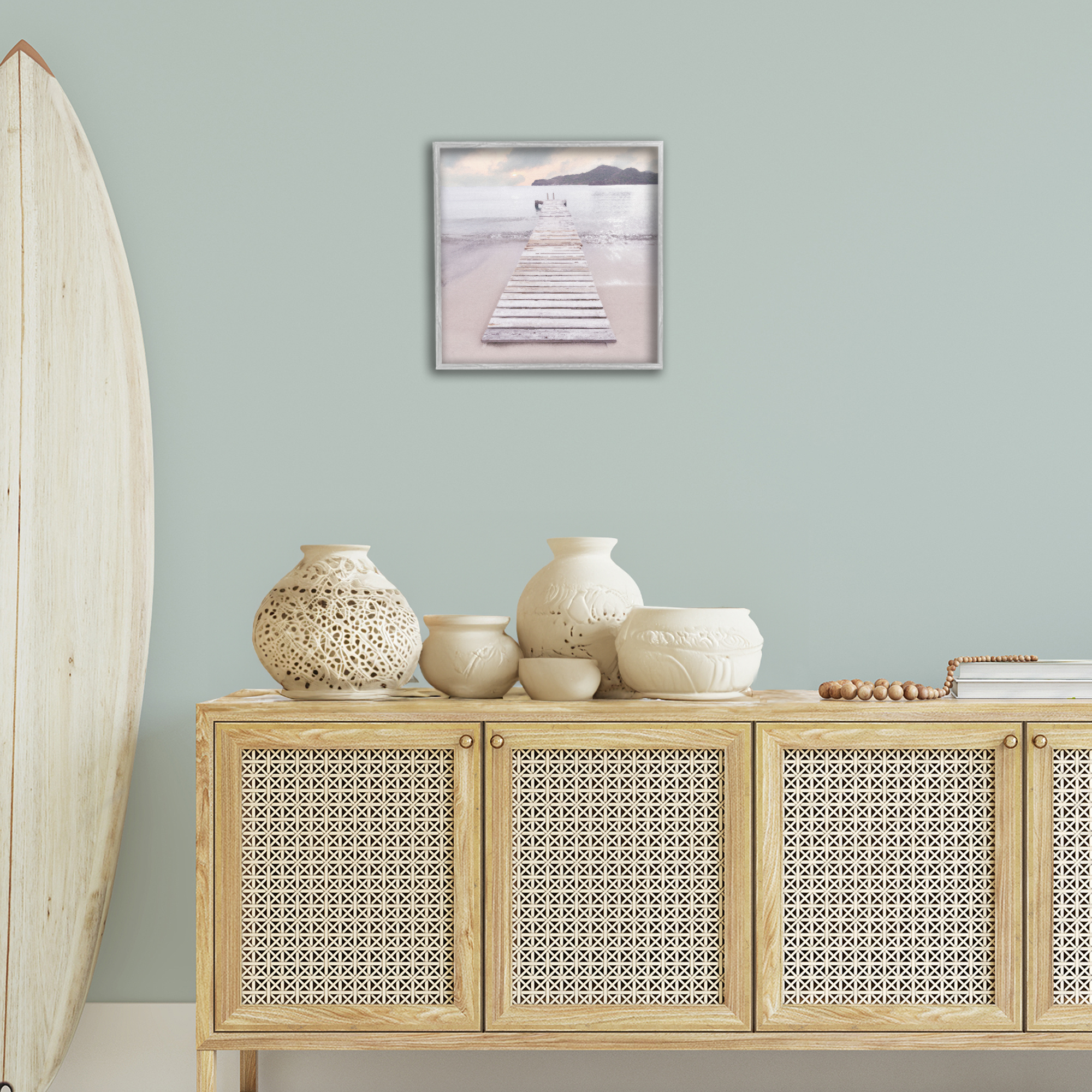 Stupell Industries Zen Beach Dock Landscape Painting Gray Framed Art Print Wall Art, 17 x 17