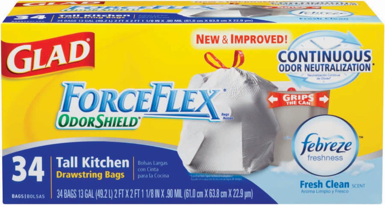 Glad ForceFlex Odor Shield Tall Kitchen Bags, Fresh Clean Scent - 34 count