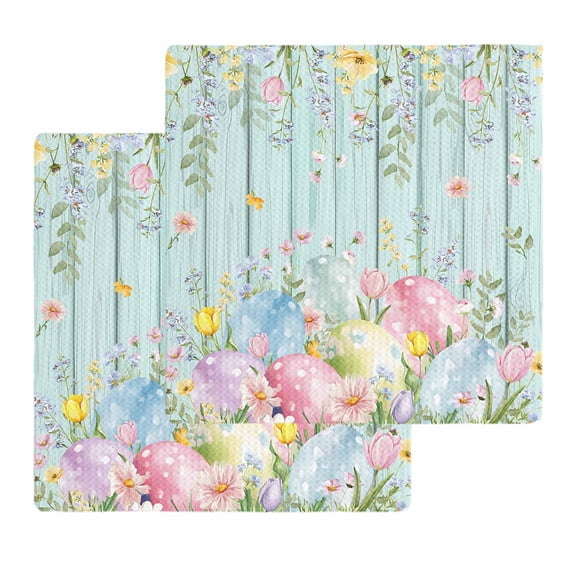 Easter Eggs Kitchen Dish Towels for Drying Dishes Set of 2, Spring Daisy Eucalyptus Leaves Teal Wooden Waffle Weave Microfiber Hand Tea Bathroom Towels Quick Dry & Absorbent Towel 12x12