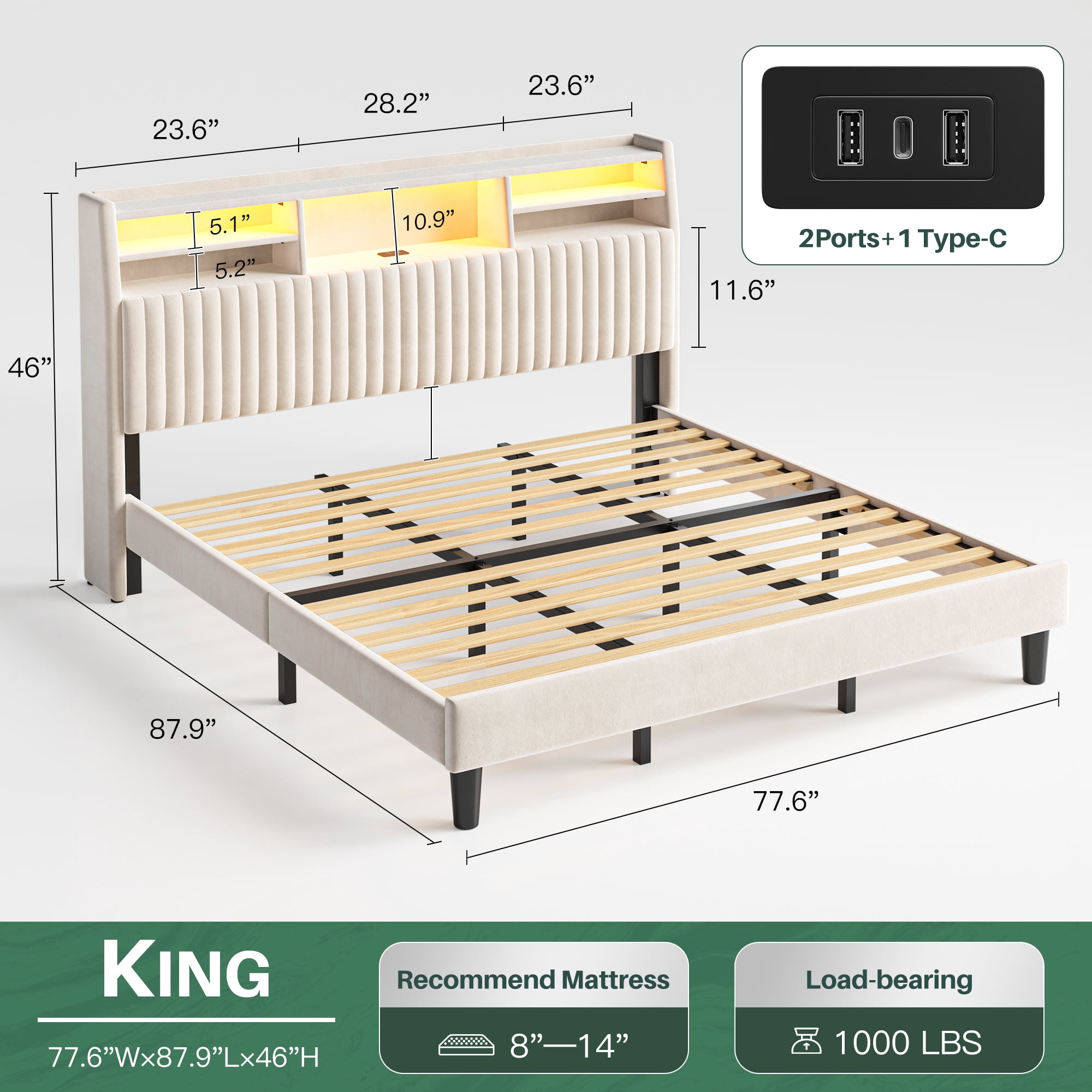EnHomee King Size Bed Frame with 2-Tier Storage Shelf Upholstered Bed Frame with Headboard & LED Lights & Charge Station,Beige