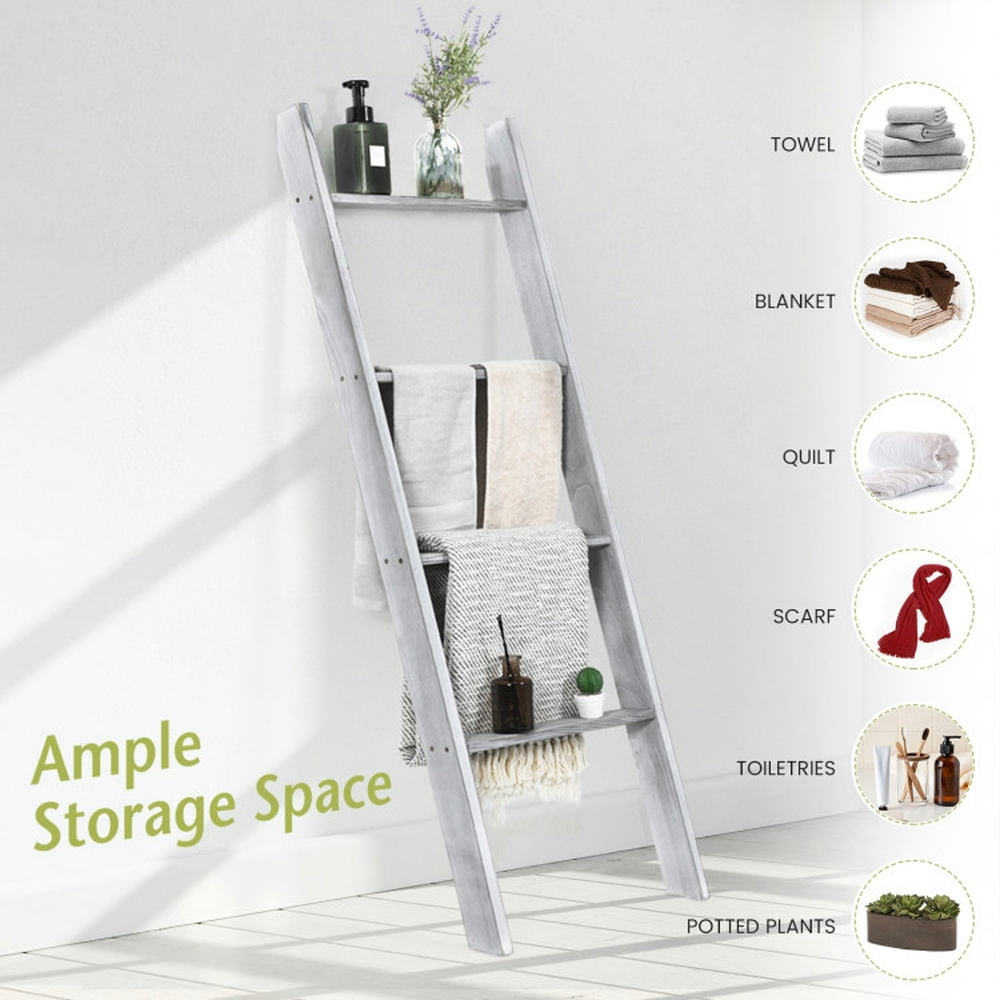 Finihen Wall Leaning Ladder Towel Rack, Blanket Ladder, 4-Tier Wall Leaning Ladder Shelf Stand, Gray