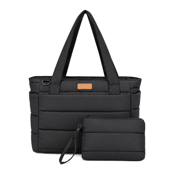 DEFAHN Puffy Tote Bag for Women,15.6” Laptop Bag,Lightweight Waterproof Shoulder Bags with Bonus Pouch & Luggage Strap for Work Travel School Black