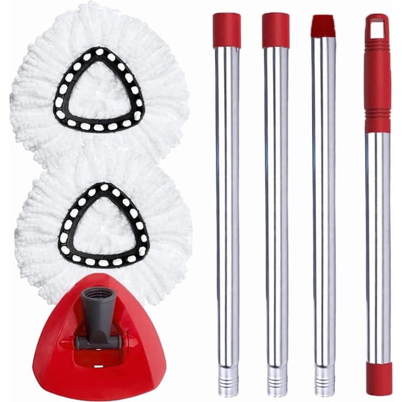 Spin Mop Head, Base, Handle Replacement for Microfiber Spin Mops, 2 Microfiber Mop Refills, 1 Triangle Head Cover and 30-58in Handle Set Combo (White)