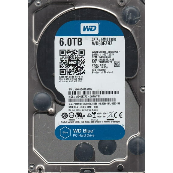 WD60EZRZ-00RWYB1, DCM HANCKTJMAB, Western Digital 6TB SATA 3.5 Hard Drive