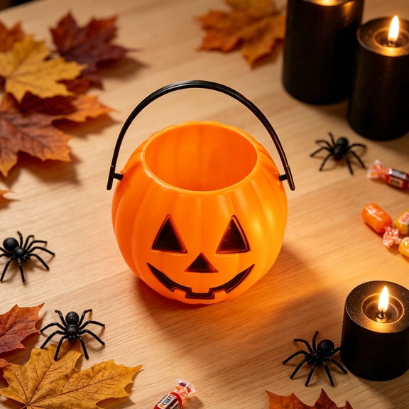 Fareti Halloween Plastic Pumpkin Bucket 1-Piece, Orange, Durable, Round, Plastic, Perfect for Trick or Treating, Party Favors and Home Decor