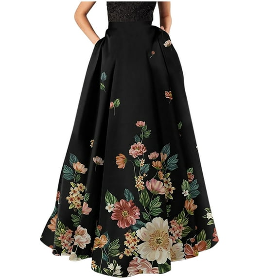 ZQUUVOU Bohemian Maxi Skirt for Women Floral Print High Waist Loose Beach Party Holiday Long Skirt with Pocket Black